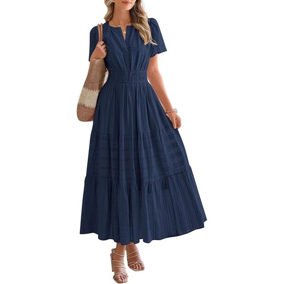 Dresses & Skirts - Women's Navy V Neck Short Sleeve A Line Summer Casual Maxi Dresses Pockets